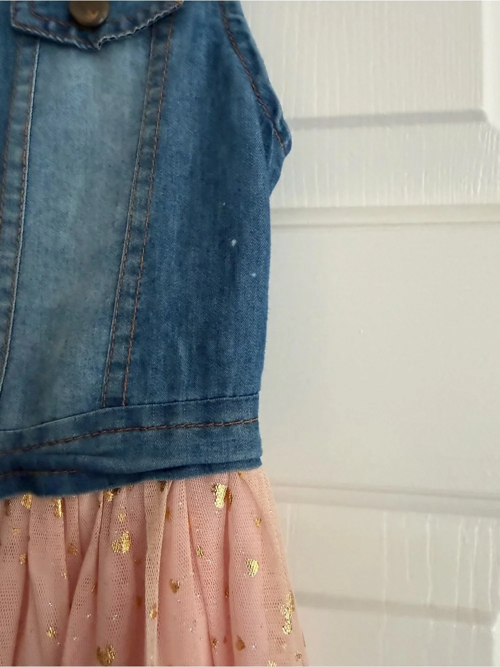 Rare Editions Denim Vest with Pink Tulle & Gold Heart Accents